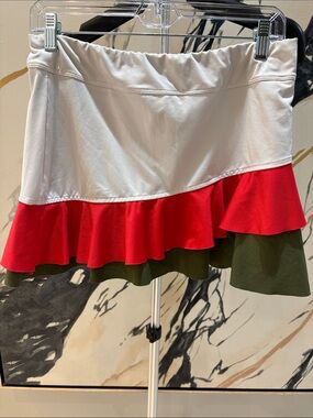 Colorblock Ruffle Mini Skirt in White, Red & Olive